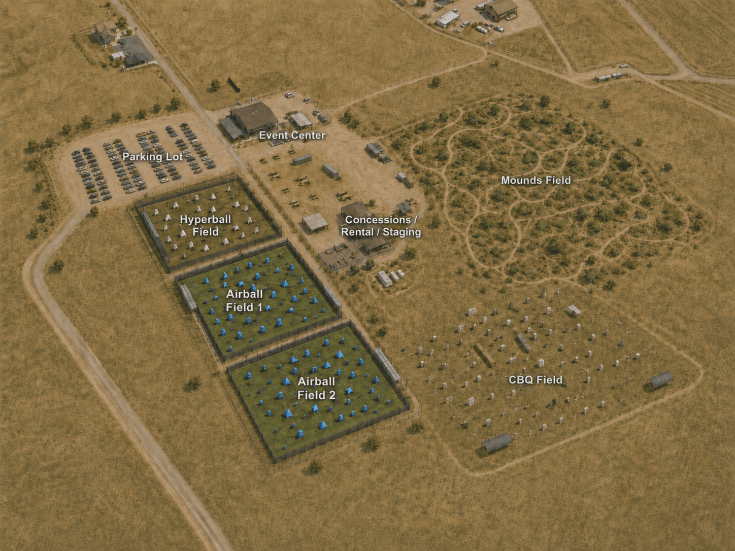 Illustrated bird's-eye map of West Coast Adventure Park showing the fields, parking, and facilities